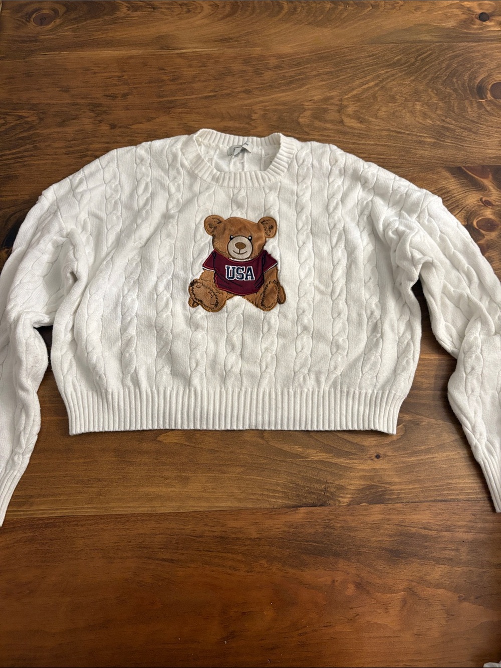 White Cable Knit Sweater with Bear USA Patch